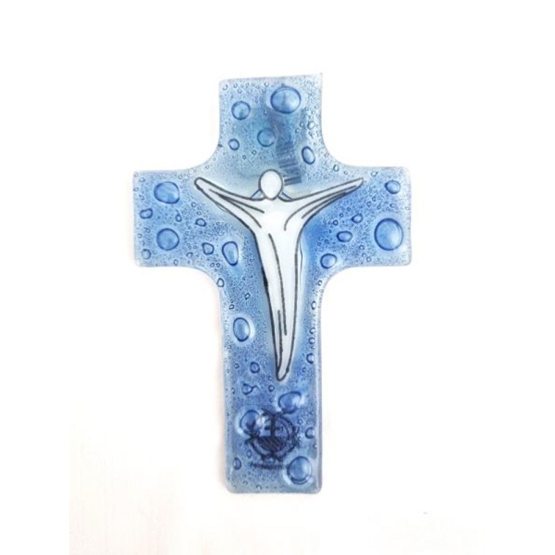 Transparant blauw glazen kruis met witte Christus